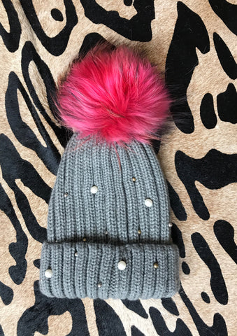 Grey/Pink Stud and Pearl Beanie