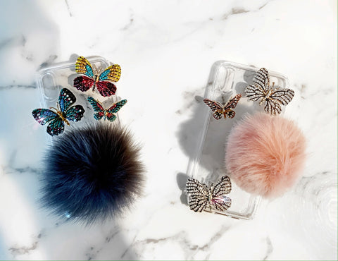 Grey and Pink Fur Phone Grip and Butterfly Phone Cases