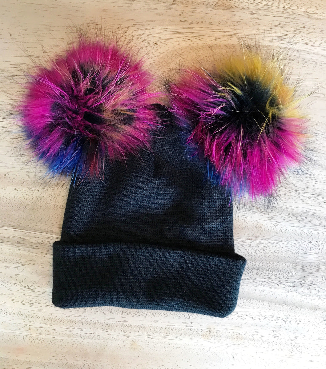 Knit Pom-Pom Beanie in Black with Multicolor Flecks Beauty. Handmade Knit Beanie Yarn Pom Black-Blue White Stripe Flecks  main image 3