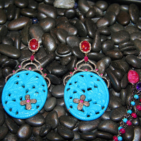 Turquoise, Ruby and Diamond Earrings