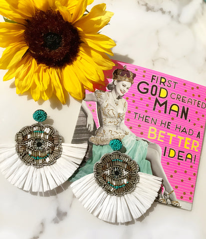White and Turquoise Straw Beaded Earrings
