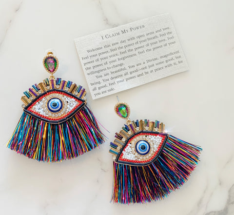 Multi Color Tinsel Evil Eye Earrings