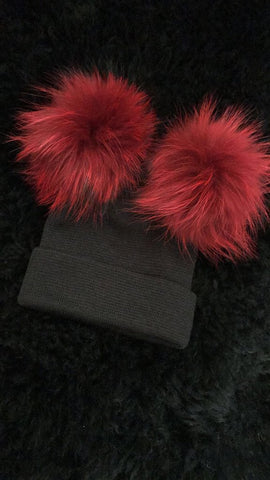 Red and Black Double Pom Pom Beanie