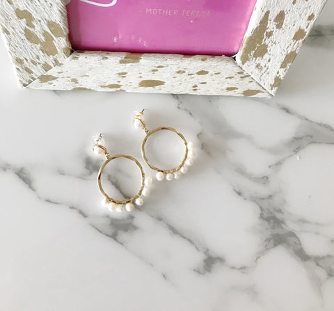 Gold Wire Wrapped Pearl Hoops