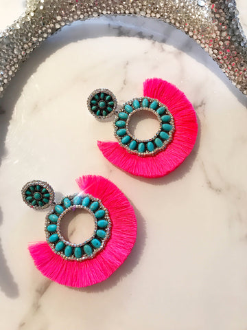 Hot Pink AB Turquoise Boho Hoops