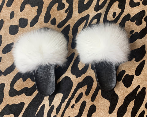 White Fox Fur Slides
