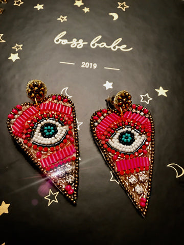 Pink Evil Eye Heart Earrings