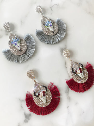 Grey and Maroon Boho Fringe Earrings
