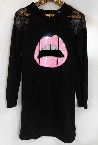 Pink Lip Lace Sweatshirt Dress