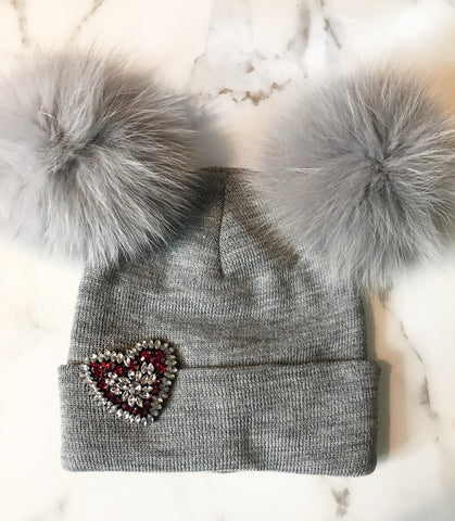 Grey Double Pom Pom Beanie