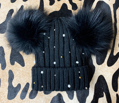 Black Pearl and Stud Fur Beanie