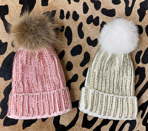 Light Pink and White Crystal Beanies