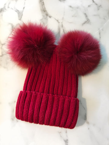 Red Double Pom Pom Beanie