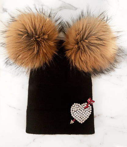 Removable Heart Double Pom Pom Beanie