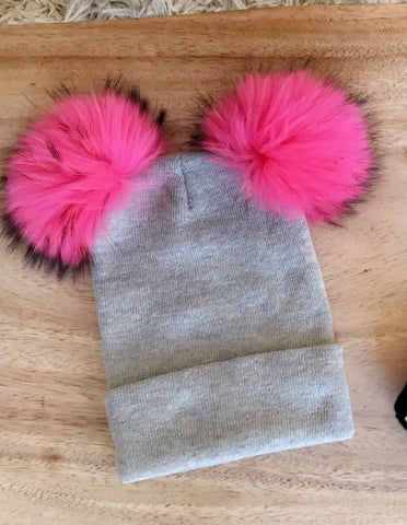 Gray and Hot Pink Double Pom Pom Beanie