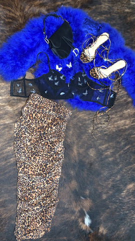 Butterfly top / leopard skirt / heels