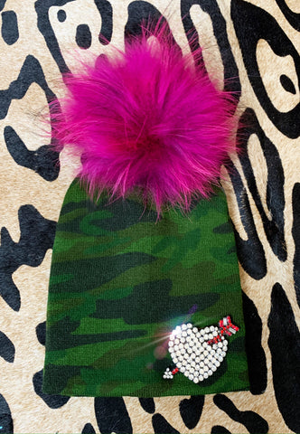 Camo and Hot Pink Heart Beanie