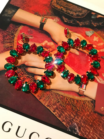 Green and Red Crystal Boho Hoops