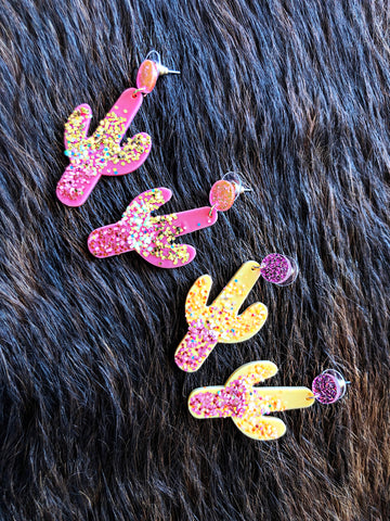 Yellow & Pink Cactus Glitter Earrings