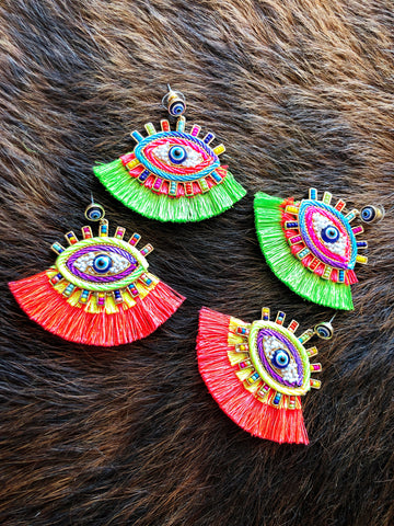 Lime green & Pink evil eye earrings