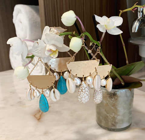 Turquoise, Pearl and Shell Drop Earrings
